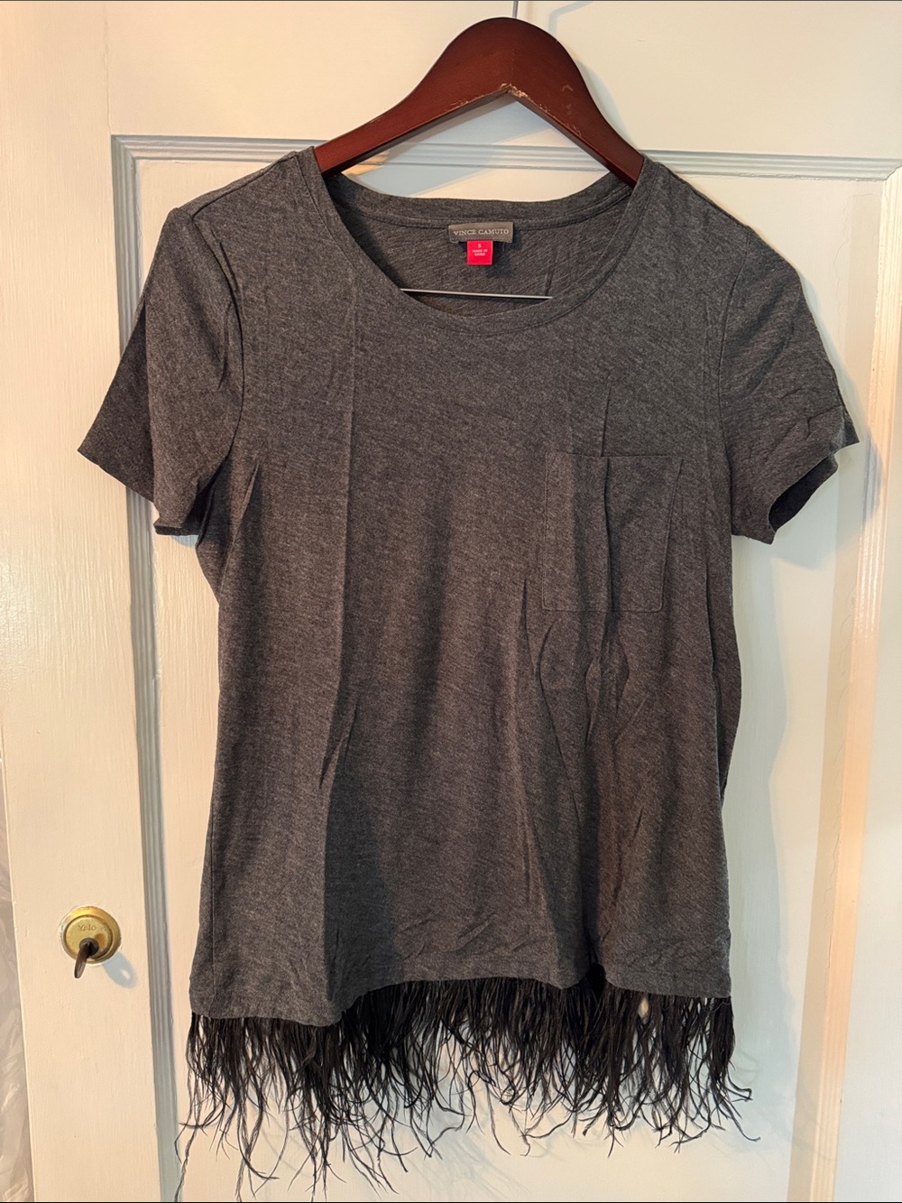 Vince Camuto Charcoal Feather-Hem Short Sleeve Tee